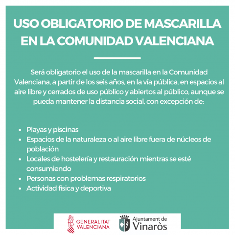 Uso obligatorio de mascarilla en la Comunidad Valenciana