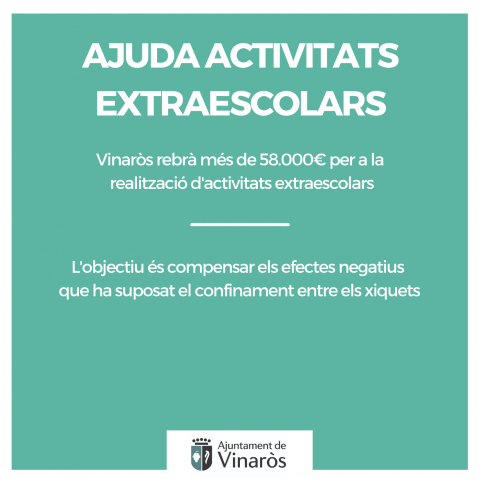 Vinaròs recibirá más de 58.000€ para la realización de actividades extraescolares