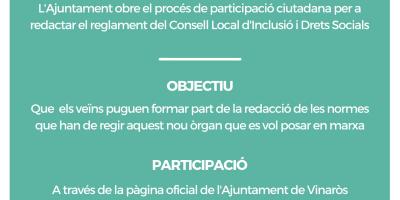 L'Ajuntament obre la participació ciutadana per a redactar el reglament del Consell Local d'Inclusió i Drets Socials